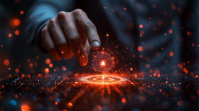 Hand activating futuristic glowing interface.