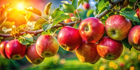 Obraz premium Golden apples cluster on a sun-drenched branch, a vibrant autumn orchard panorama.