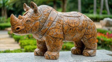 Striking Granite Rhinoceros Sculpture: A Masterpiece of Stone Carving, Showcasing Intricate Detail and Powerful Presence