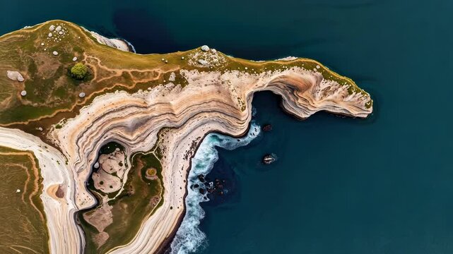 Stunning aerial view of coastal landforms and vibrant ocean waves at rocky shore