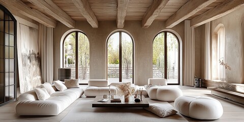 Luxurious rustic living room, panoramic mountain view, exposed wooden beams, stone fireplace, cozy white sofas, natural textures, earth tones, large windows, modern minimalist decor, open concept desi
