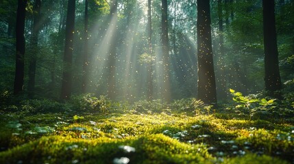 Obraz premium Sunbeams illuminate a mystical forest floor covered in moss, with light particles floating in the air.