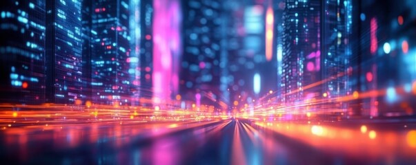 Fototapeta premium Digital Cityscape Background for Artificial Intelligence, Data Transfer, Neural Networks, Cybersecurity, Multimedia, Visualization, Modern Technology, Communication and Education