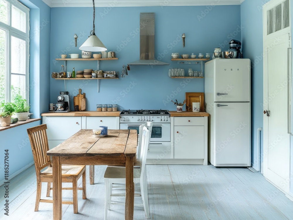 Wall mural Rustic Kitchen With Light Blue Walls And Wooden Table