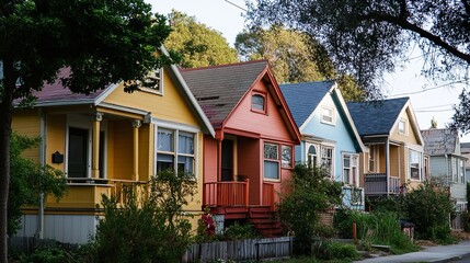 Naklejka premium Colorful Houses on a Sunny Street: Charming Neighborhood Architecture