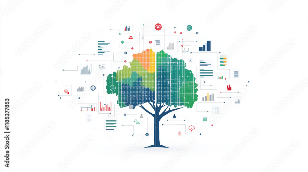 Poster data growth and innovation: a stylized tree with vibrant leaves and a network of data points, repres