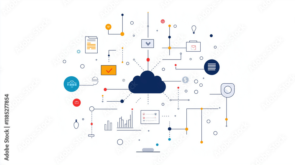 Poster cloud computing: a modern abstract illustration depicting the interconnectedness of cloud computing 