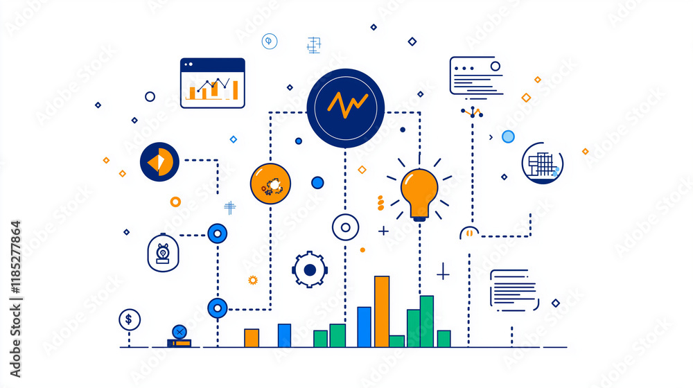 Poster connected ideas: a vibrant illustration depicting the interconnectedness of ideas, innovation, and d