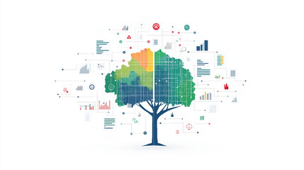 Fototapeta premium Data Growth and Innovation: A stylized tree with vibrant leaves and a network of data points, representing the growth, evolution, and interconnectedness of information. 