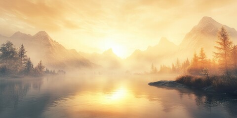 Obraz premium Mountain Serenity Wide-angle shot of a mist-covered mountain range with golden sunlight breaking through the clouds.