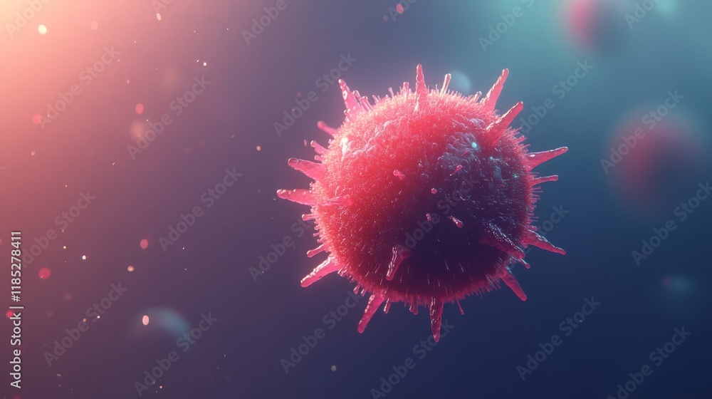 Poster microscopic view of a red virus particle