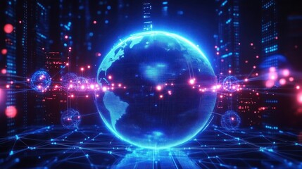 Futuristic Digital Globe with Neon Connections Illustrating Global Business Network
