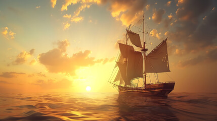Obraz premium Majestic Sailing Ship at Sunset with Sunlit Clouds Over Ocean Horizons - Perfect for Travel Inspiration and Nautical Themes