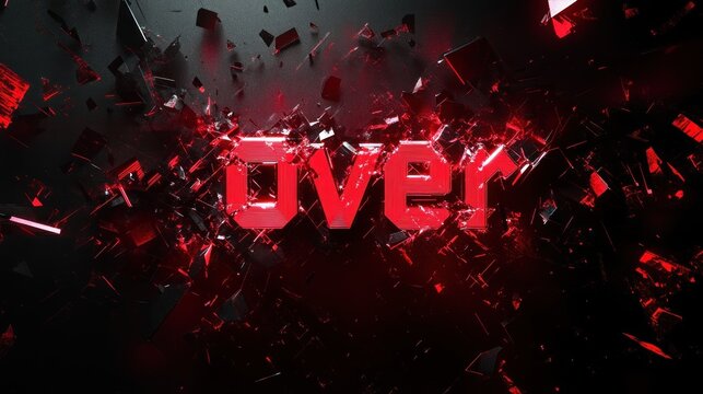 Red 'Over' explodes amidst dark fragments; game over screen