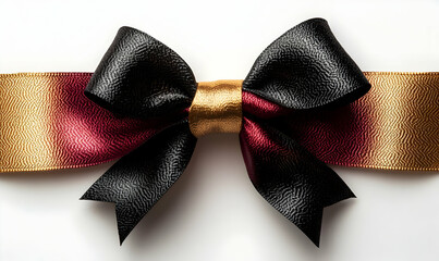 Black-gold-red ribbon bow, gift wrap, white background