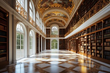 Fototapeta premium Grand european library with ornate ceiling and sunlit arched windows