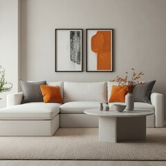 Modern minimalist living room, abstract geometric wall art, orange and white color scheme, L-shaped gray sofa, hanging pendant light, round wooden coffee table, potted plant, sleek interior design, ne