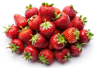 Luscious, juicy strawberries showcased in high-resolution aerial view, isolated on a pristine white background.