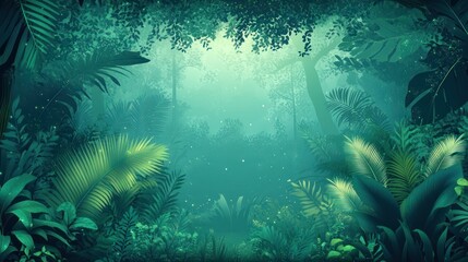Obraz premium Lush green jungle scene with fog and fireflies.