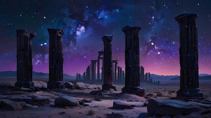 Naklejka premium ゲーム背景 異世界惑星に残る古代文明の遺跡廃墟と砂漠荒野風景