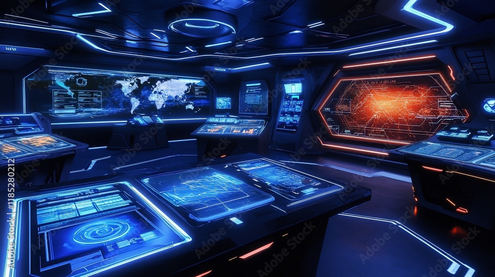 Poster futuristic command center: global monitoring and control