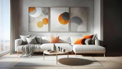 Modern living room, minimalist interior design, large abstract artwork, white L-shaped sofa, orange accent pillows, floor-to-ceiling windows, natural light, wooden coffee table, sleek furniture, neutr
