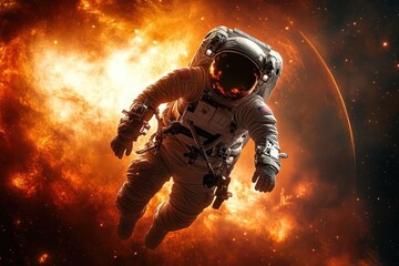 Fototapeta premium Astronaut Floating in Space Exploring a Fiery Planet in Vibrant Cosmic Scene