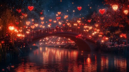 Romantic Couple on Heart-Lit Bridge at Night