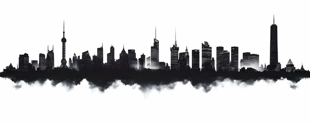 Fototapeta premium Cityscape silhouette, foggy clouds, urban design