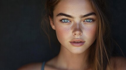 Fototapeta premium Freckled Woman with Blue Eyes, Serene Gaze, Dark Background Portrait