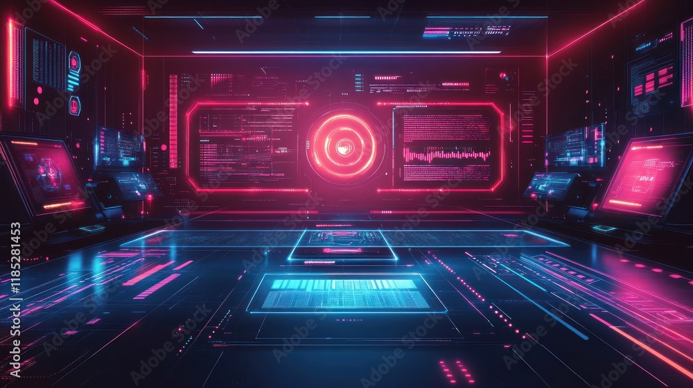 Poster futuristic control room with vibrant neon displays and interactive interfaces.