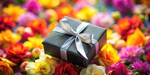 Fototapeta premium Long Exposure Photography: Teacher's Day Gift, Black Box, Silver Ribbon, Floral Background
