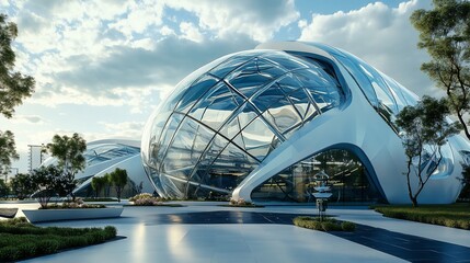 Futuristic glass sphere building complex in a park-like setting.