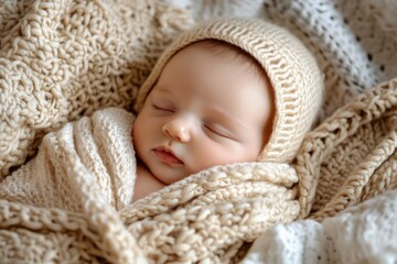 Peaceful slumber of a caucasian infant wrapped in knitted beige blanket