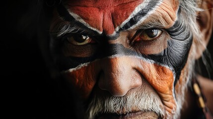 Obraz premium Indigenous Elder's Intense Gaze, Traditional Face Paint, Close-up Portrait