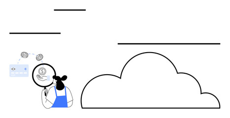 Businesswoman in blue attire studies financial icons with a magnifying glass beside a cloud outline. Ideal for cloud computing, financial analysis, storage solutions, research, technology, fintech