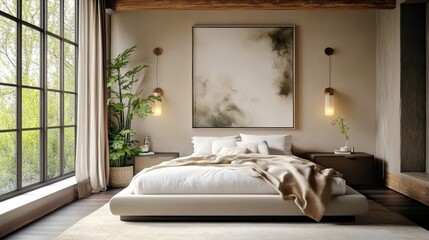 modern luxury bedroom, large sliding glass doors, natural light, minimalist interior design, beige tones, wooden ceiling beams, abstract wall art, pendant lights, potted plants, cozy bedding, zen atmo