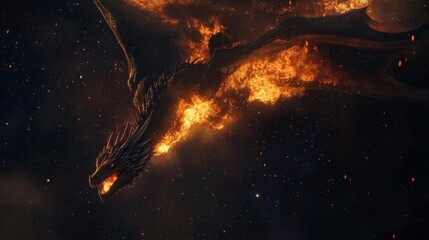 Naklejka premium Fiery Dragon Soaring Through Starry Cosmos
