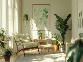 Sunlit Living Room Featuring Plants And Modern Chair