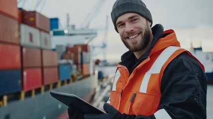 Fototapeta premium Maritime Professional: A confident and smiling dockworker, clad in a safety vest and winter attire, utilizes a digital tablet against the backdrop of a bustling cargo ship and container terminal.
