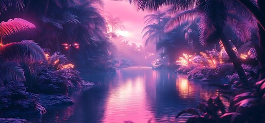Surreal pink sunset over a tropical river, lush vegetation and palm trees.
