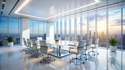 Minimalist white office, panoramic views, futuristic meeting space; modern corporate design.