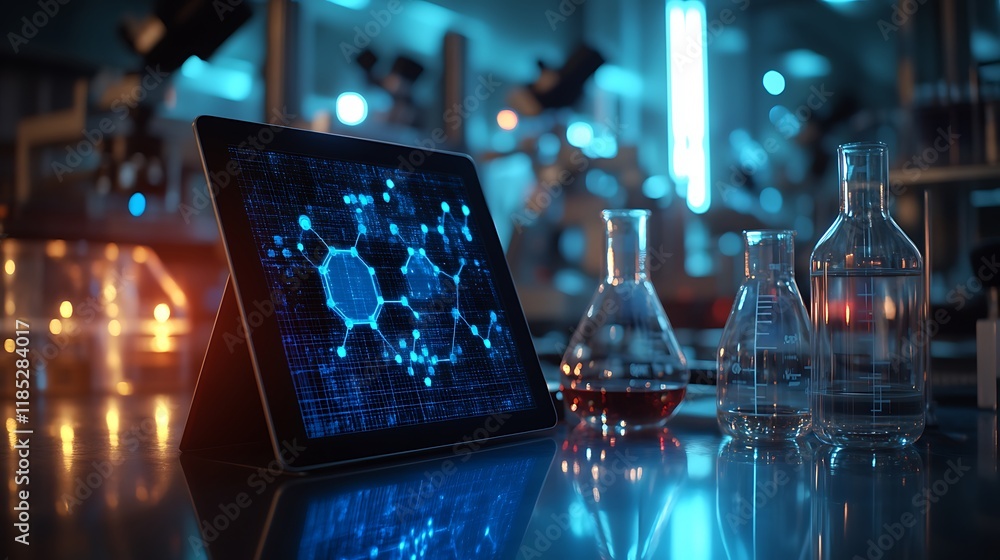 Poster tablet displaying molecular structure in a lab.