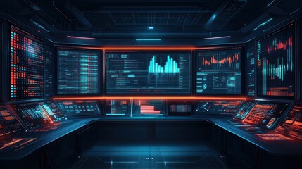 Obraz premium Futuristic control room with multiple screens displaying data and graphs.