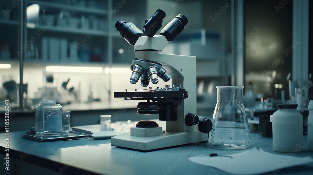 Poster advanced microscope rests in modern laboratory setting