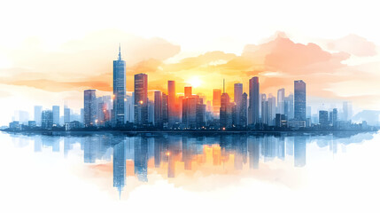 Obraz premium Sunrise Cityscape Reflection, Urban Skyline, Water
