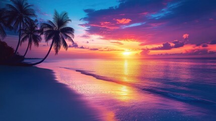 Vibrant sunset over tropical beach with palm trees. (2)