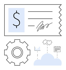 Payment receipt with dollar sign, gear, cloud, puzzle pieces, graph, and calendar showing workflow, finances, automation and productivity. Ideal for finance integration business strategy abstract