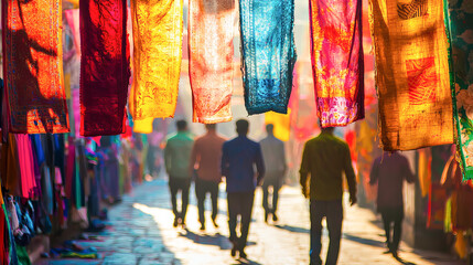 Fototapeta premium Diverse People Strolling Through a Vibrant Indian Market with Colorful Textiles. Concept of Cultural Diversity, Traditional Shopping Experience