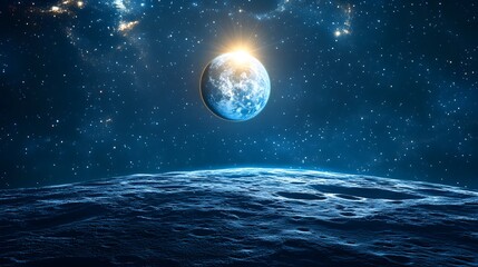 Alien Planet Surface with Starry Night Sky and Sun